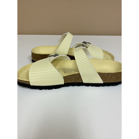 Birkenstock Birki’s  Aziza Yellow & White Stripe 2 Strap Sandals US 5 EU 36 - Picture 5 of 10